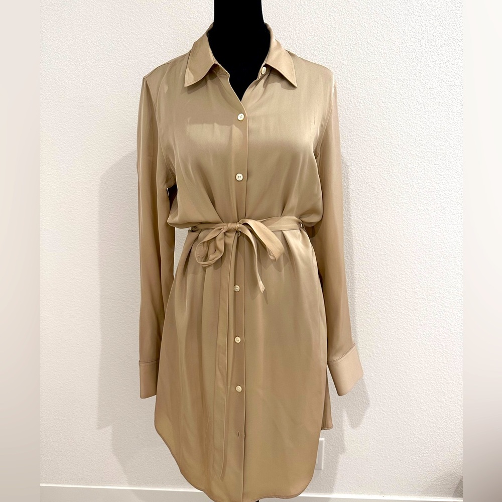 Tan Theory Silk Button Up Work Dress